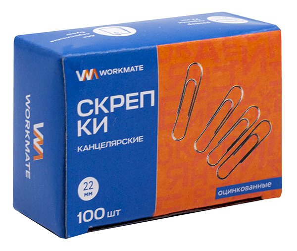 Скрепки канцелярские 22 мм. оцинкованные, Workmate 100 шт. в картонной коробке, арт.14-3665