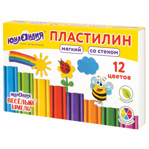 Пластилин мягкий восковой ЮНЛАНДИЯ ВЕСЕЛЫЙ ШМЕЛЬ, 12 цветов, 180 г, СО СТЕКОМ, 106672