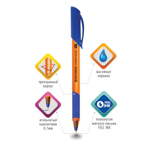 Ручка шариковая масляная BRAUBERG Extra Glide GT Tone Orange, синяя, узел 0,7мм. линия письма 0,35мм. 142923