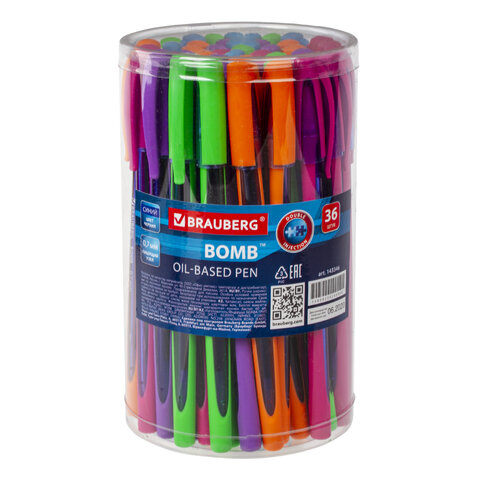 Ручка шариковая масляная BRAUBERG BOMB GT Color, СИНЯЯ, прорезиненный корпус ассорти, узел 0,7 мм, линия письма 0,35 мм, 143346