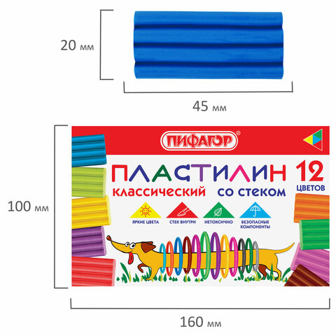 Пластилин классический ПИФАГОР Веселая такса, 12 цветов, 180 г., СО СТЕКОМ, 106675