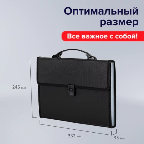 Папка-портфель пластиковая BRAUBERG А4 (332х245х35 мм.) 13 отделений, ЧЕРНАЯ, 221378