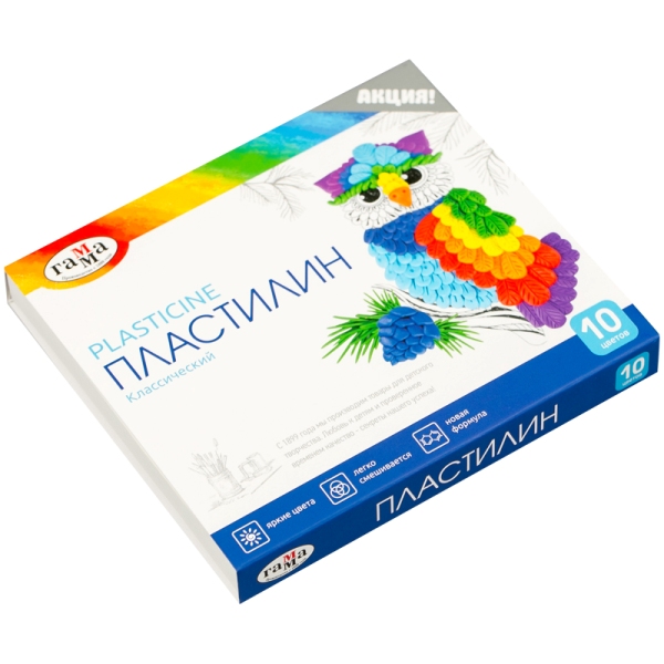 Пластилин Гамма "Классический", 10 цветов, 200 грамм, со стеком 281032