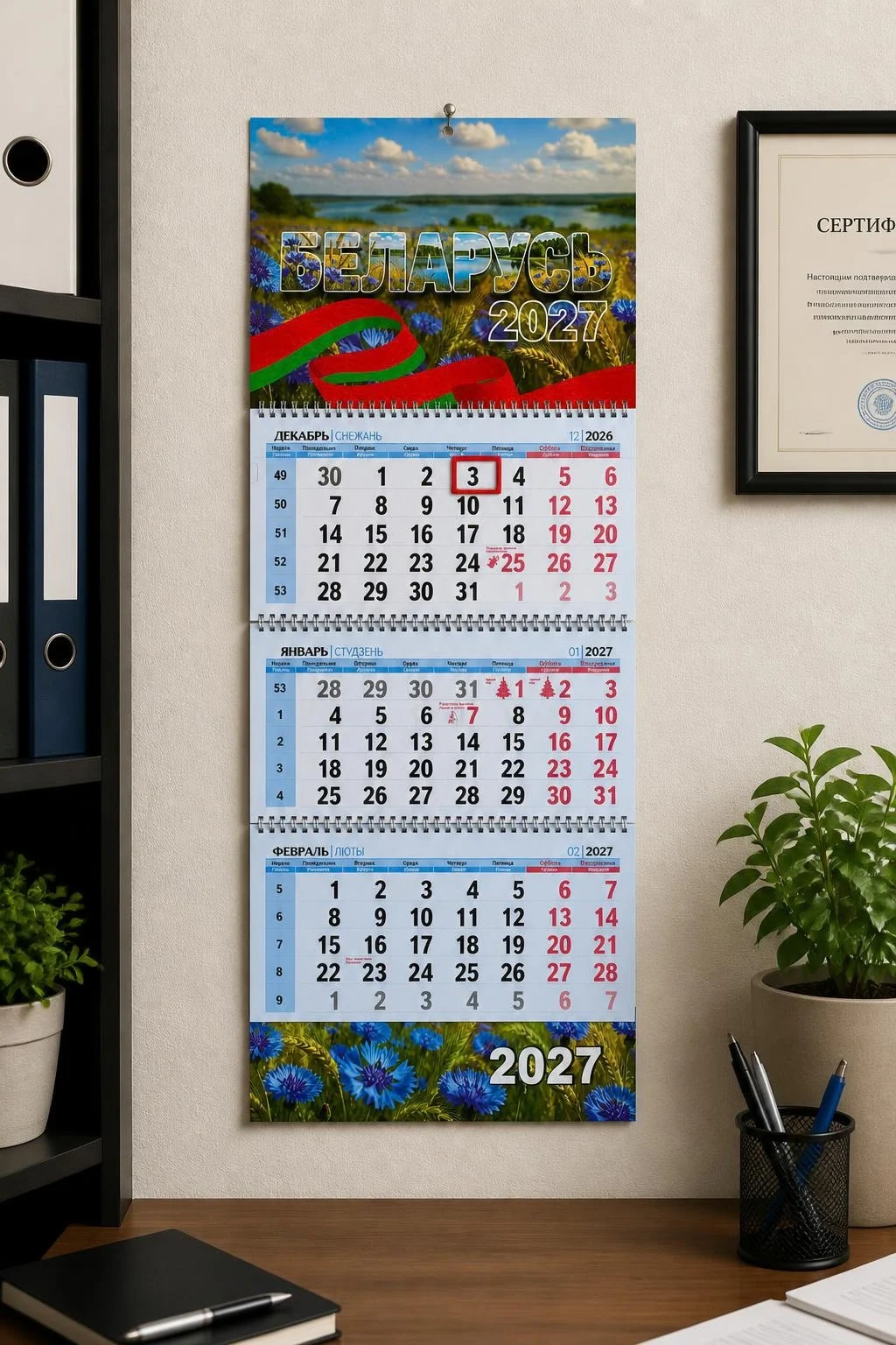 Календарь квартальный РБ на 2027 год, №8 Беларусь, 3 блока, 3 гребня, бегунок, 730х297 мм.