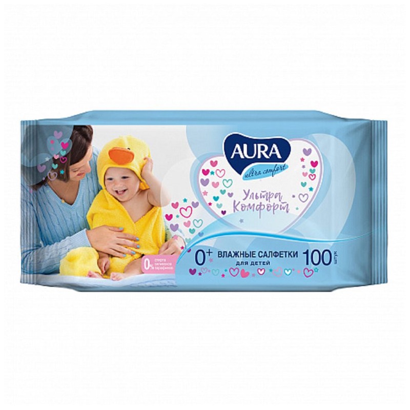 Салфетки влажные Aura Ultra comfort, 100шт., детские, универсальные, очищающие, без спирта арт.4607068626911