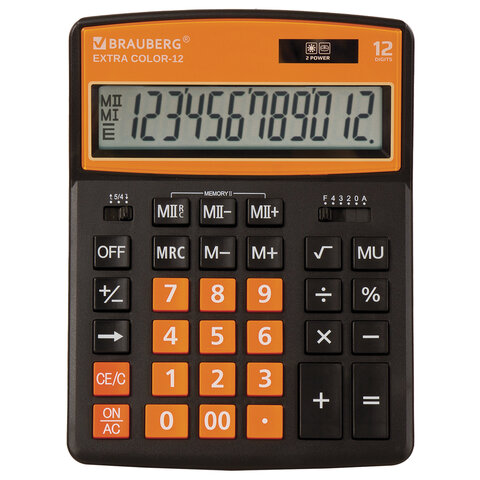 Калькулятор настольный BRAUBERG EXTRA-12-BK, 206x155мм. 12 разрядов, двойное питание, ЧЕРНО-ОРАНЖЕВЫЙ, 250478