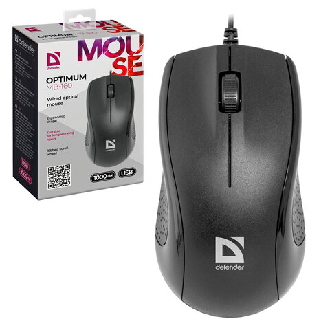 Мышь проводная DEFENDER Optimum MB-160, USB, 2 кнопки + 1 колесо-кнопка, оптическая, черная, 52160/512027
