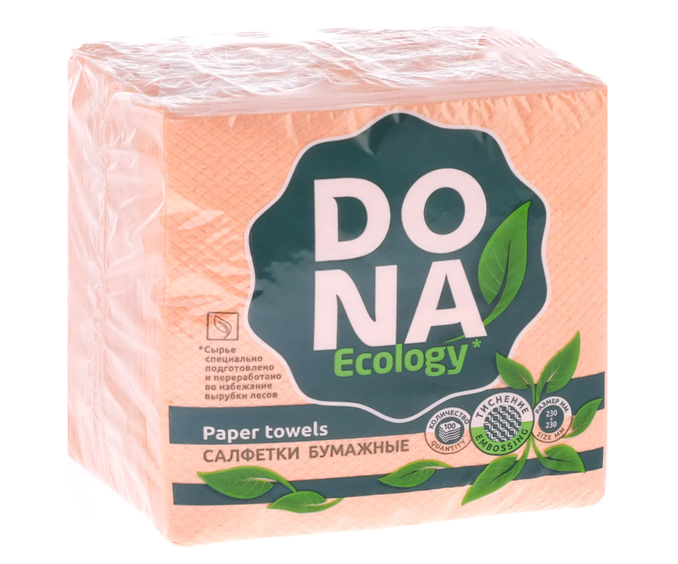 Салфетки бумажные DONA ECOLOGY 100шт. тисненые, целлюлоза, 23х23см.