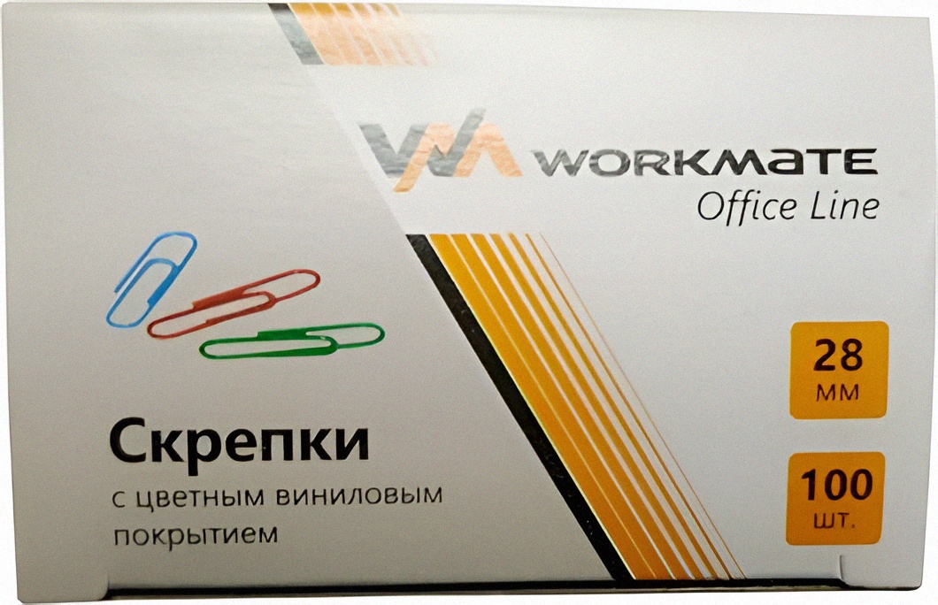Скрепки канцелярские 28 мм. цветные ассорти, Workmate 100 шт. в картонной коробке, арт.14-8624