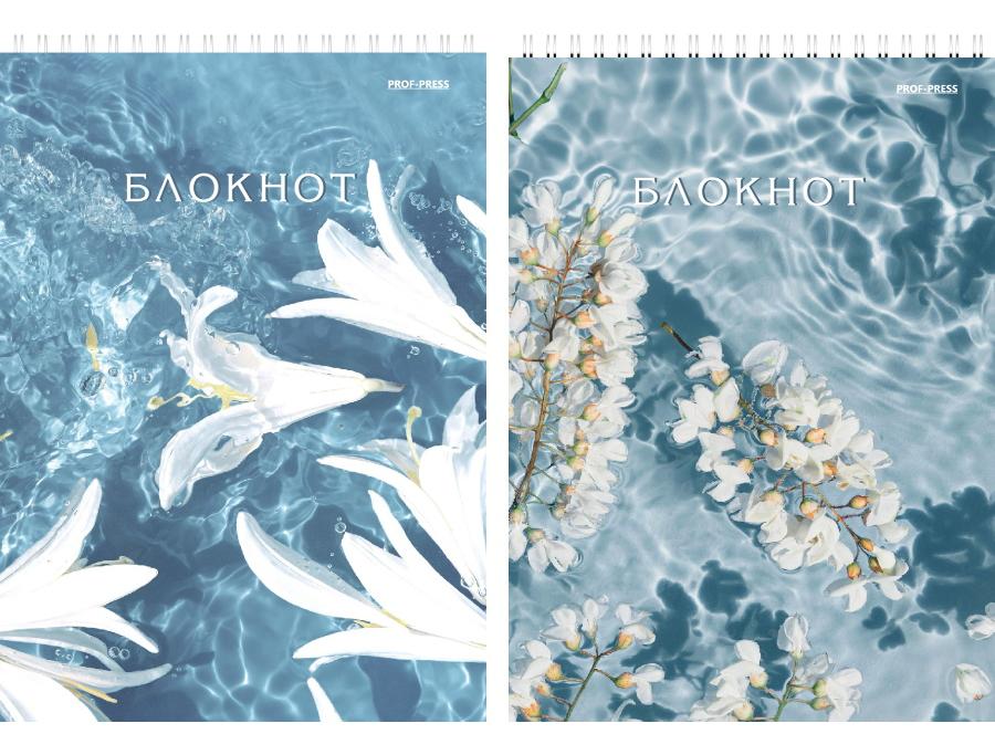 Блокнот А5, 80л., ЦВЕТЫ НА ВОДЕ, гребень, картон, жесткая подложка, клетка,Б80-9601