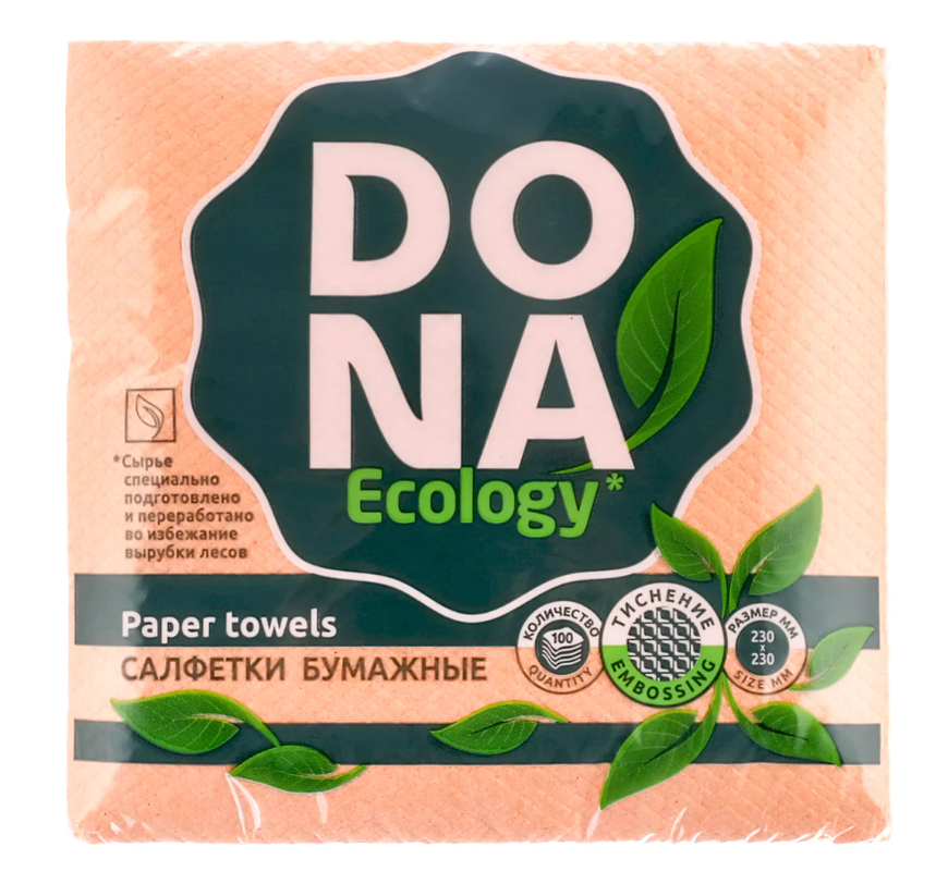 Салфетки бумажные DONA ECOLOGY 100шт. тисненые, целлюлоза, 23х23см.