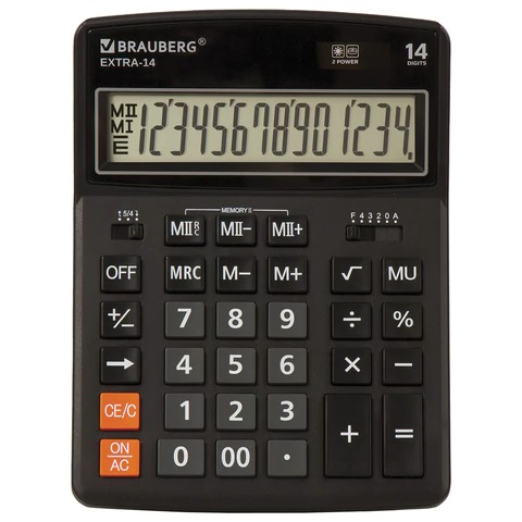 Калькулятор настольный BRAUBERG EXTRA-14-BK, 206x155мм. 14 разрядов, двойное питание, черный 250474