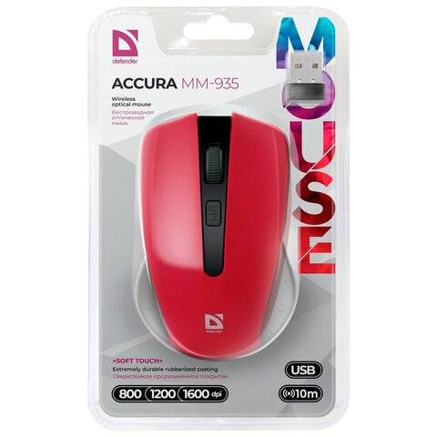 Мышь беспроводная DEFENDER Accura MM-935, 3 кнопки + 1 колесо-кнопка, оптическая, красная, 52937/512345