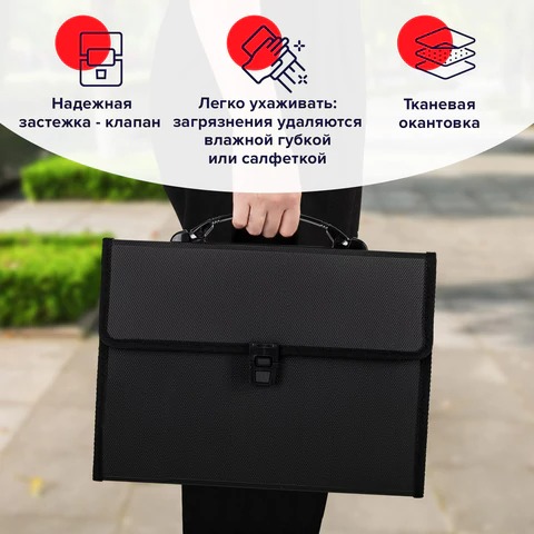 Папка-портфель пластиковая BRAUBERG А4 (332х245х35 мм.) 13 отделений, ЧЕРНАЯ, 221378