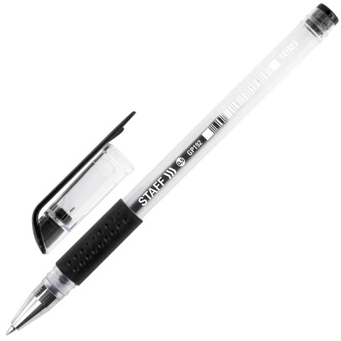 Ручка гелевая с грипом STAFF EVERYDAY GP-192, ЧЕРНАЯ, корпус прозрачный, узел 0,5мм. линия письма 0,35мм. 141823