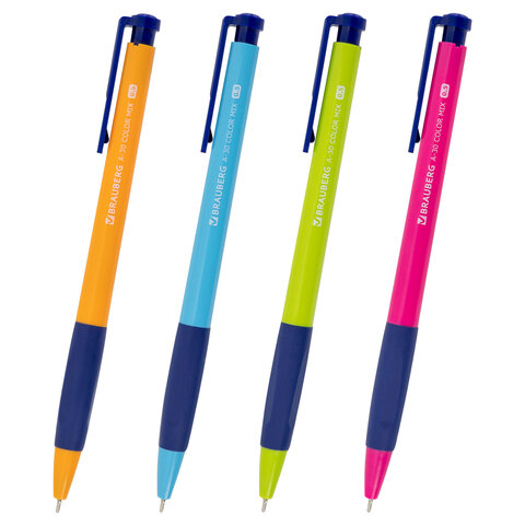 Ручка шариковая автоматическая BRAUBERG A-30 COLOR MIX "WRITING 3.0", СИНЯЯ, пишущий узел 0,5 мм, линия письма 0,25 мм, 144341