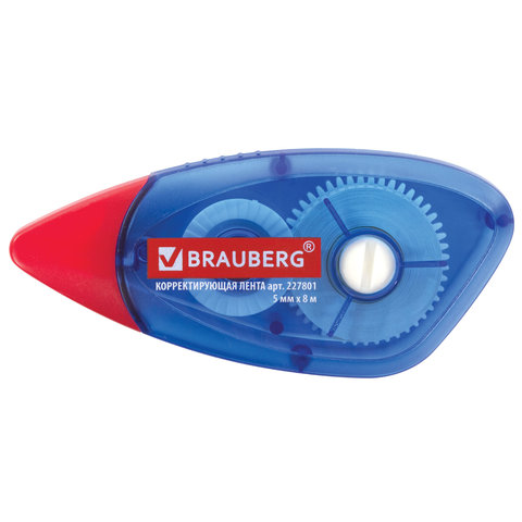 Корректирующая лента BRAUBERG 5мм. х 8м. корпус синий, механизм перемотки, блистер, 227801