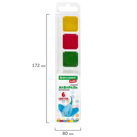 Краски акварельные BRAUBERG KIDS, медовые, квадратные кюветы, пластиковый пенал
