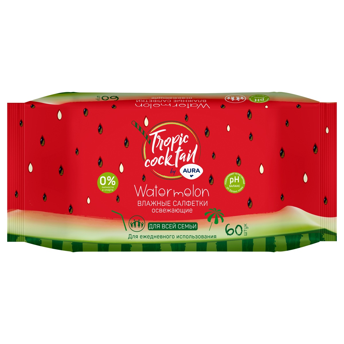 Салфетки влажные освежающие AURA Tropic coctail 60 шт. 15х20 см, арт.4600999006968
