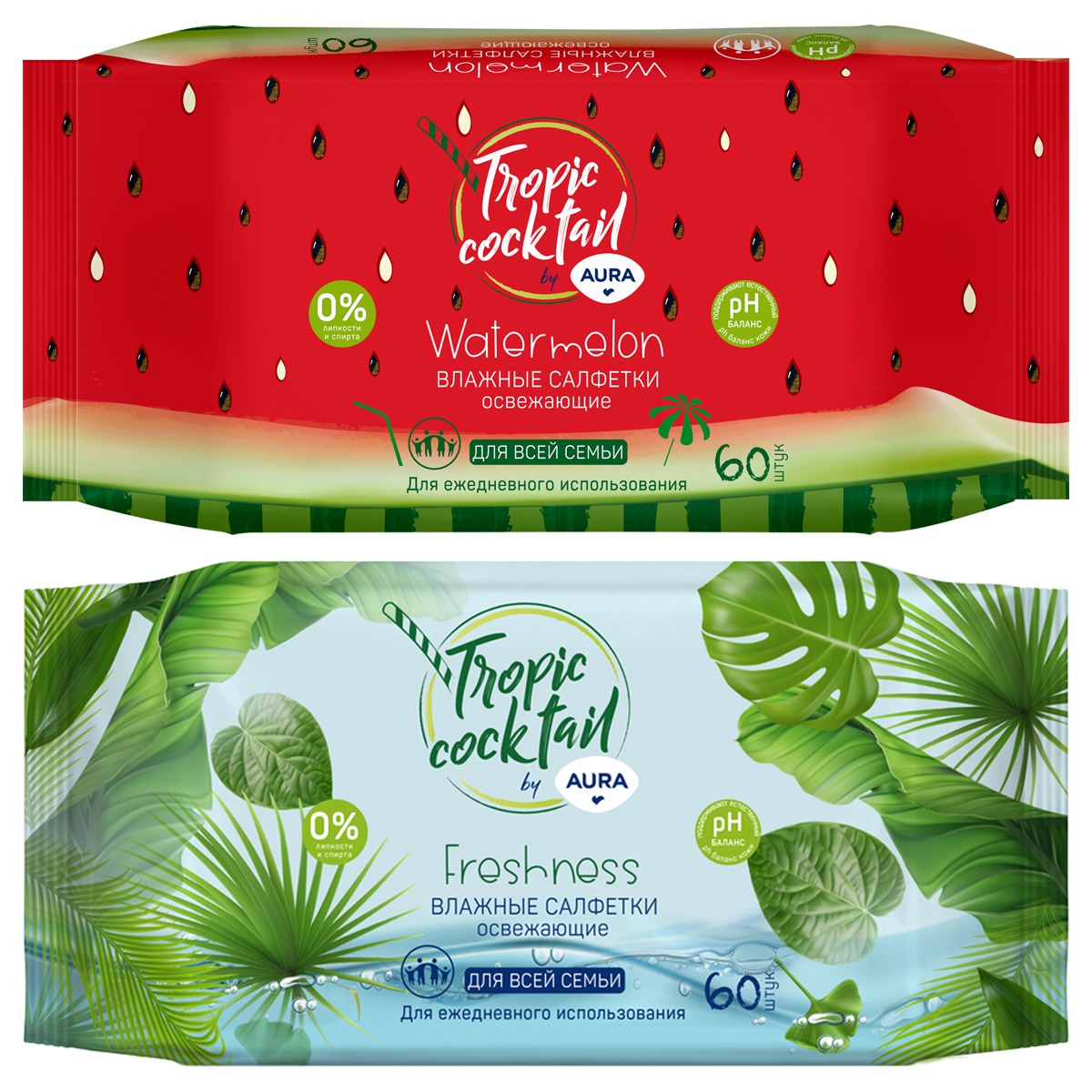 Салфетки влажные освежающие AURA Tropic coctail 60 шт. 15х20 см, арт.4600999006968