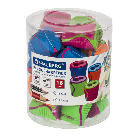 Точилка BRAUBERG Mix Dual, 2 отверстия, с контейнером, корпус ассорти, 228449