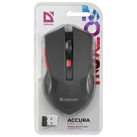 Мышь беспроводная DEFENDER Accura MM-275, USB, 5 кнопок + 1 колесо-кнопка, оптическая, чёрная, 52276/513323