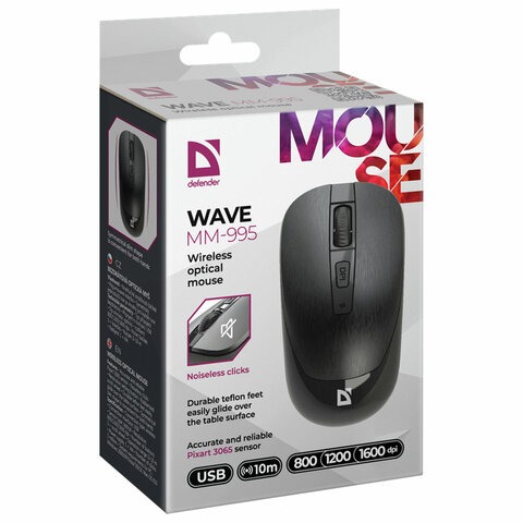 Мышь беспроводная бесшумная DEFENDER Wave MM-995, USB, 3 кнопки + 1 колесо-кнопка, оптическая, черная, 52995