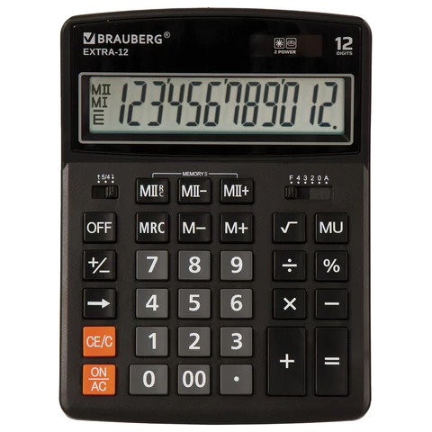 Калькулятор настольный BRAUBERG EXTRA-12-BK, 206x155мм. 12 разрядов, двойное питание, черный 250481