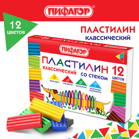 Пластилин классический ПИФАГОР Веселая такса, 12 цветов, 180 г., СО СТЕКОМ, 106675
