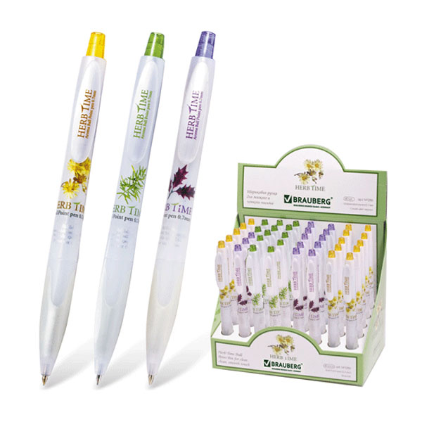 Ручка шариковая автоматическая с грипом BRAUBERG Herb Time, СИНЯЯ, корпус ассорти, узел 0,7 мм. линия 0,35 мм. синяя, 141286