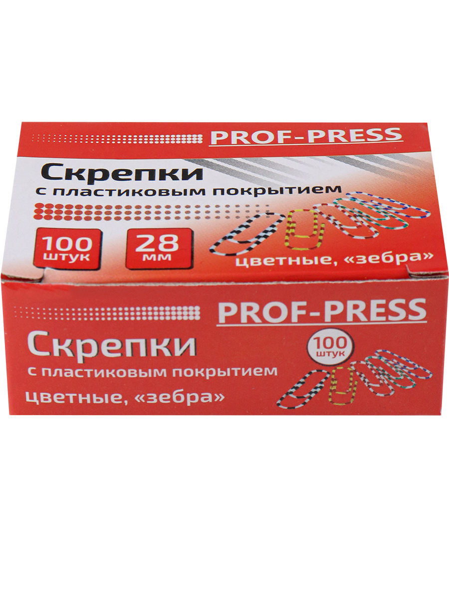 Скрепки канцелярские цветные PROF-PRESS ЗЕБРА 28 мм, ПВХ покрытие, 100 штук, арт. СКР-3139