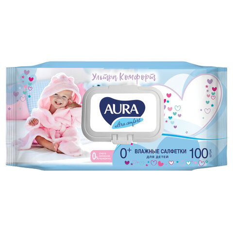 Салфетки влажные КОМПЛЕКТ 100 шт., для детей AURA "Ultra comfort", гипоаллергенные, без спирта, крышка-клапан, 6486/127500