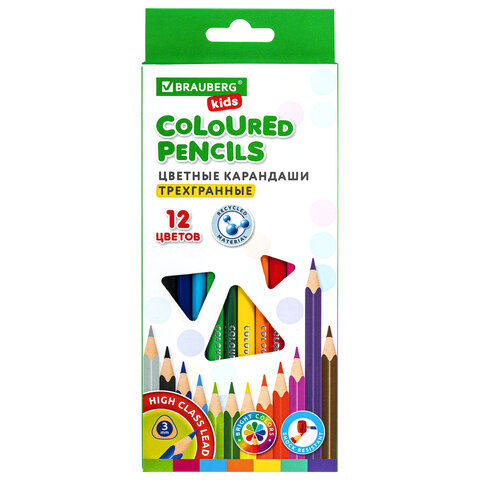 Карандаши цветные BRAUBERG KIDS, 12 цветов, трехгранный корпус, грифель мягкий 3 мм., 181943
