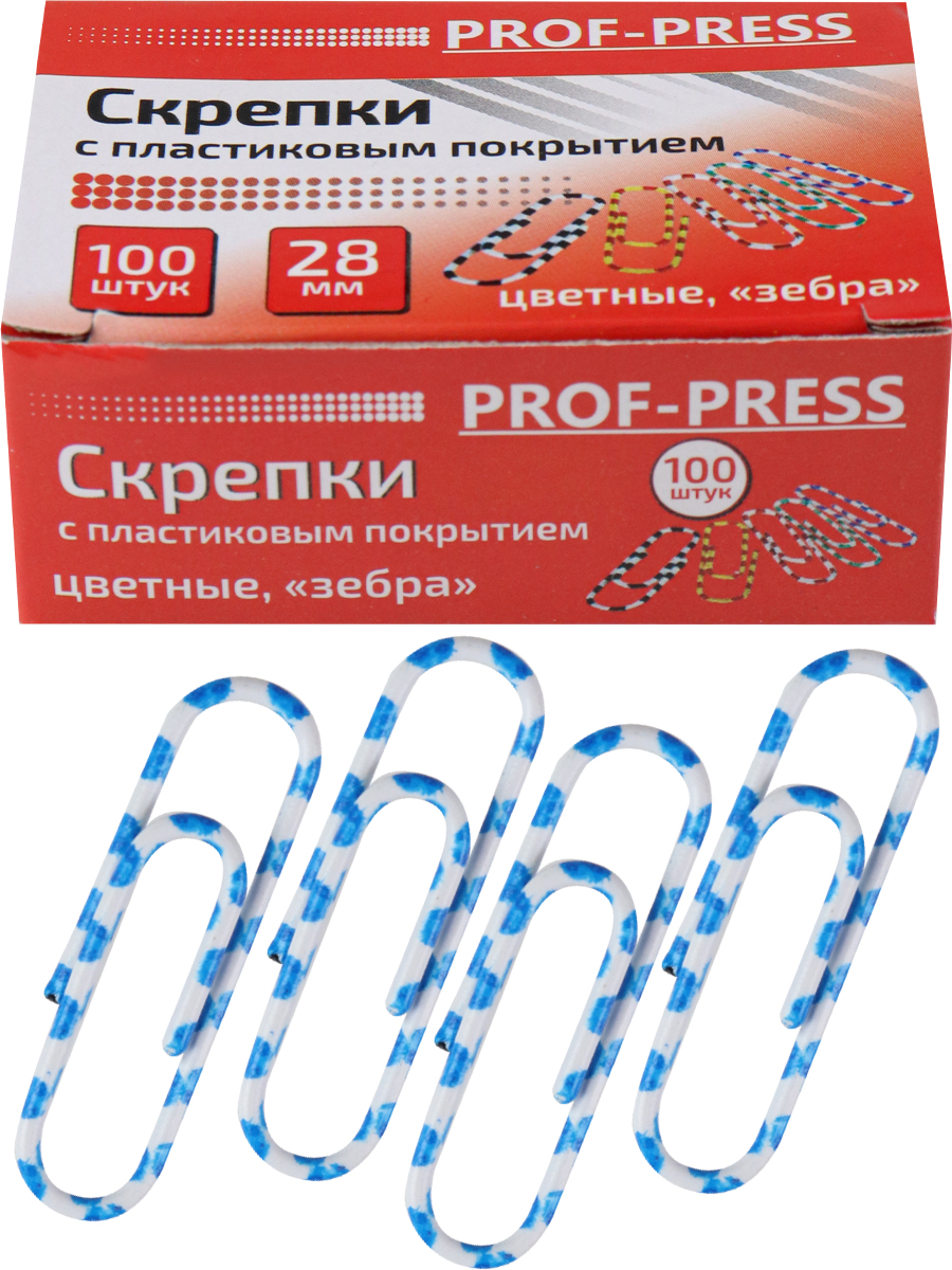 Скрепки канцелярские цветные PROF-PRESS ЗЕБРА 28 мм, ПВХ покрытие, 100 штук, арт. СКР-3139