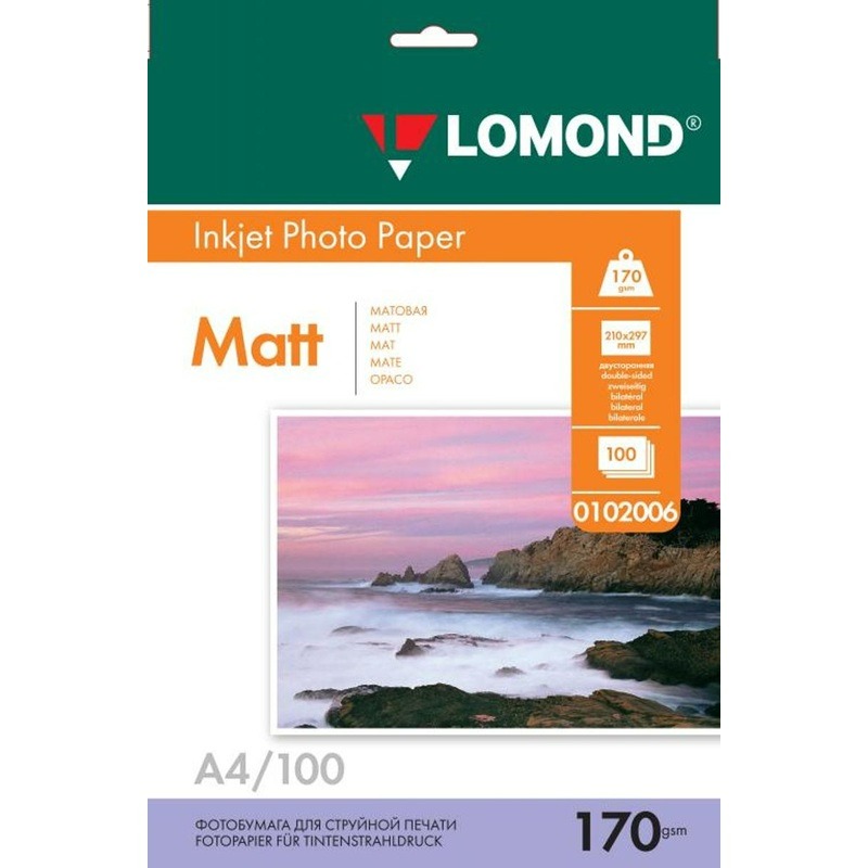 Фотобумага А4, LOMOND 170г/м2. 100 листов, двусторонняя, матовая, 0102006