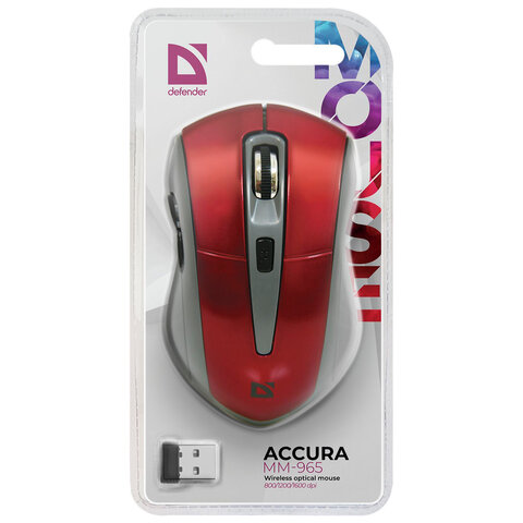 Мышь беспроводная DEFENDER ACCURA MM-965, USB, 5 кнопок + 1 колесо-кнопка, оптическая, красно-серая, 52966/512030