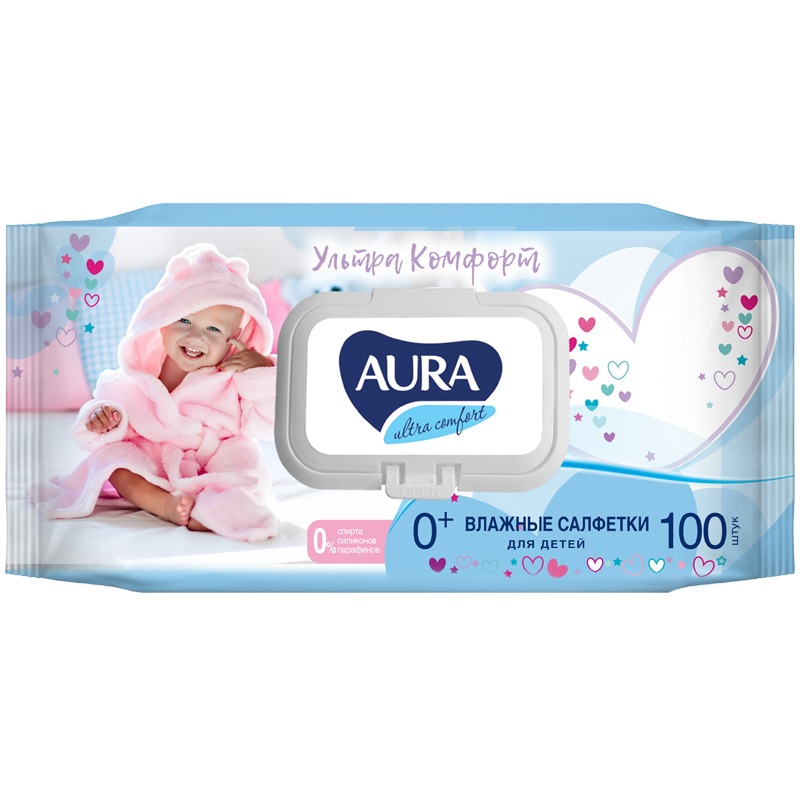 Салфетки влажные Aura Ultra comfort, 100шт., детские, с алоэ, очищающие, без спирта, клапан арт.4600999011894