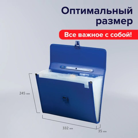 Папка-портфель пластиковая BRAUBERG А4 (332х245х35 мм.) 13 отделений, СИНЯЯ, 221379