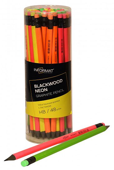 Карандаш чернографитный inФОРМАТ BLACKWOOD НВ с ластиком, пластиковый, заточенный, трехгранный IFTNBWT-HB