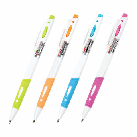 Ручка шариковая автоматическая с грипом STAFF College BP-16 White, СИНЯЯ, ассорти, линия письма 0,35 мм. 143749