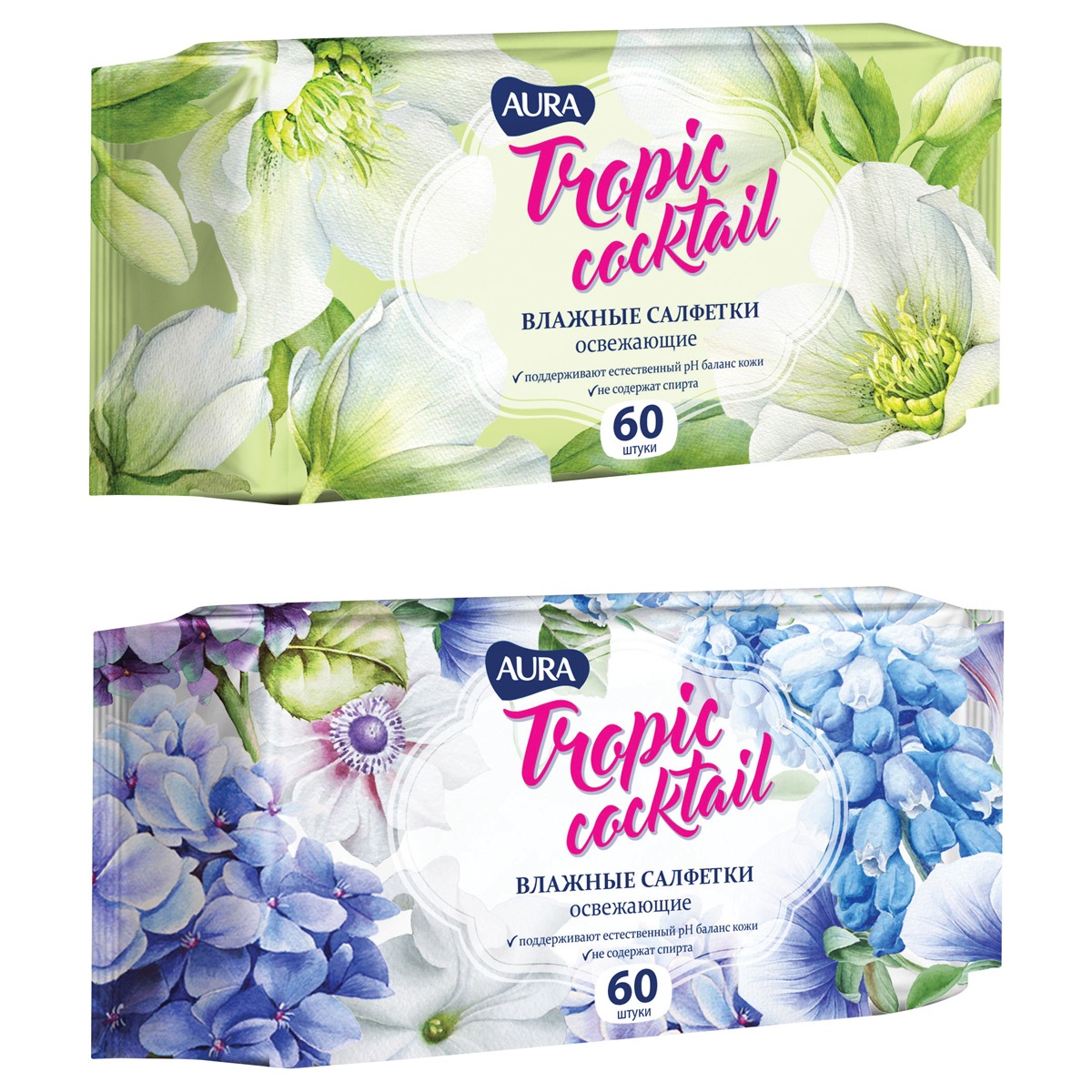 Салфетки влажные освежающие AURA Tropic coctail 60 шт. 15х20 см, арт.4600999006968