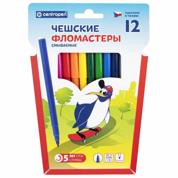 Фломастеры 12 цв.  CENTROPEN ПИНГВИНЫ, смываемые, блистер. упак. арт.7790 1285
