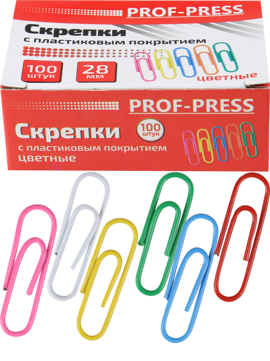 Скрепки канцелярские цветные PROF-PRESS 28 мм, ПВХ покрытие, ассорти, 100 штук, арт. СКР-3138