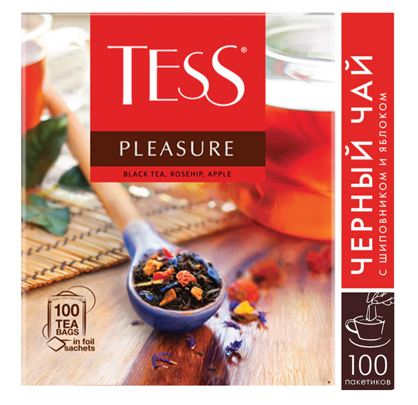 Чай TESS PLEASURE, черный с шиповником и яблоком, 100 пак. 150гр.