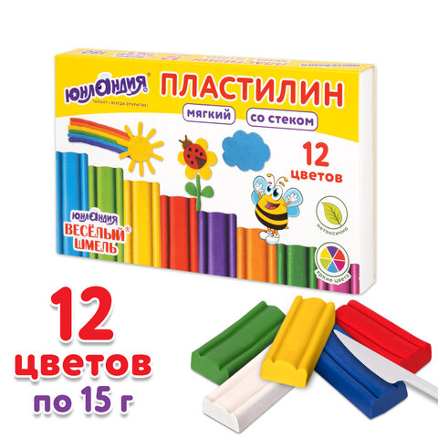 Пластилин мягкий восковой ЮНЛАНДИЯ ВЕСЕЛЫЙ ШМЕЛЬ, 12 цветов, 180 г, СО СТЕКОМ, 106672