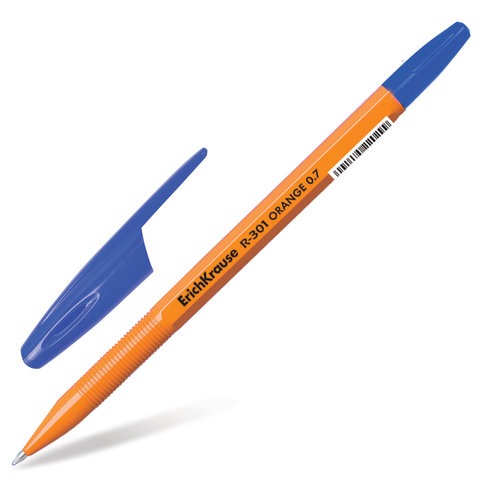 Ручка шариковая ERICH KRAUSE "R-301 Orange", СИНЯЯ, корпус оранжевый, узел 0,7 мм, линия письма 0,35 мм, 43194/141526