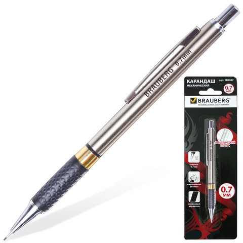 Карандаш механический BRAUBERG "Black Jack", металлический корпус, резиновый грип, ластик,0,7 мм.,арт.180467