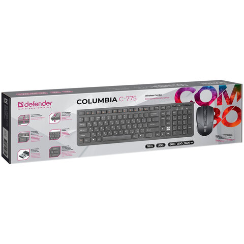 Набор беспроводной DEFENDER Columbia C-775RU, USB, клавиатура, мышь 2 кнопки + 1 колесо-кнопка, черный, 45775/512866