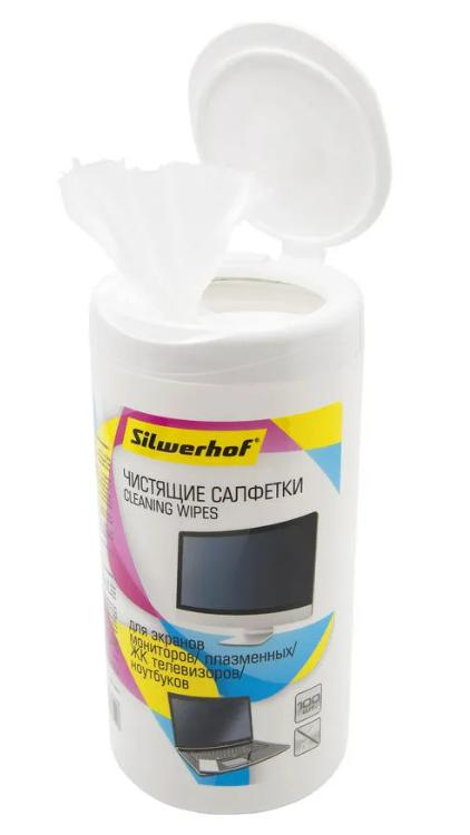 Салфетки для экранов, ЖК мониторов, ноутбуков,  Silwerhof, туба 100 шт., влажные 1150938/671214