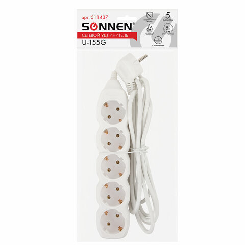 Удлинитель сетевой SONNEN U-155G, 5 розеток, c заземлением, 10 А, 5 м, белый, 511437 Код 511437 Хит продаж!